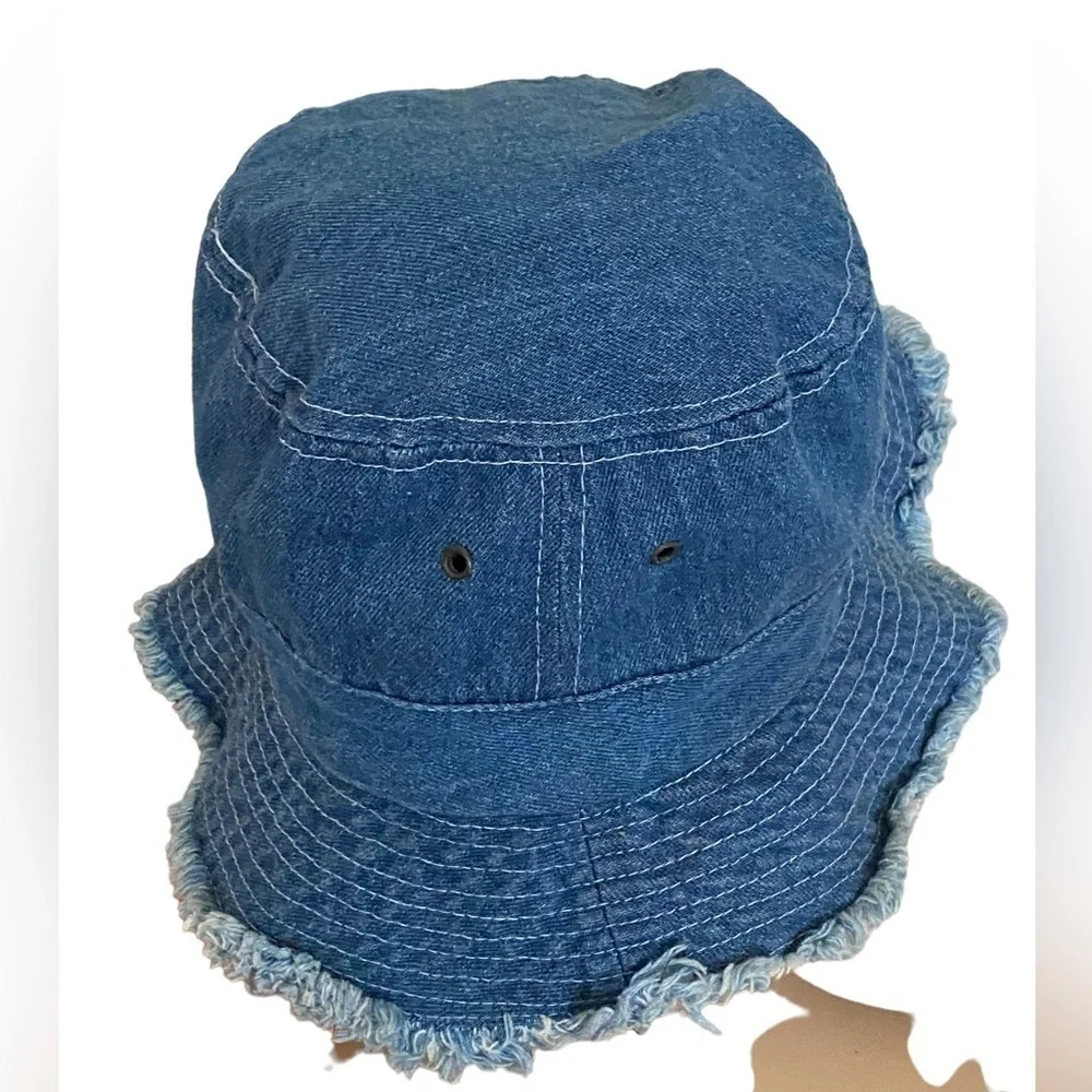Vintage Blue Denim Fringed Bucket Hat OSFM Cottagecore Minimalist Boho Chic